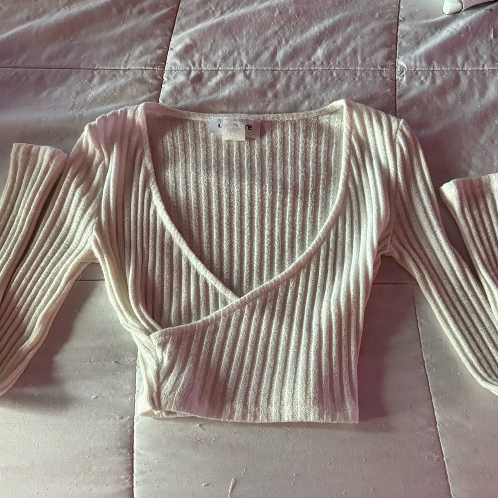 Cream Ribbed Wrap Top